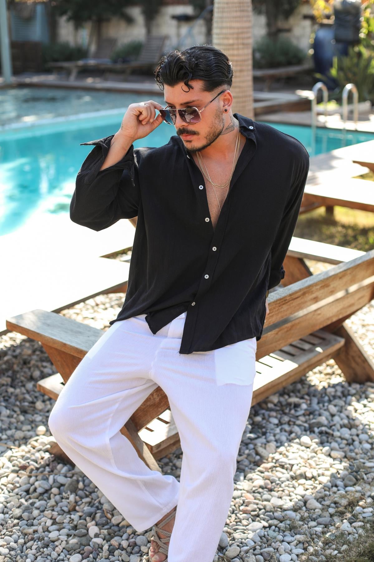 Keten Yaka Düğmeli Oversize Gömlek Siyah( Beyaz Düğme)