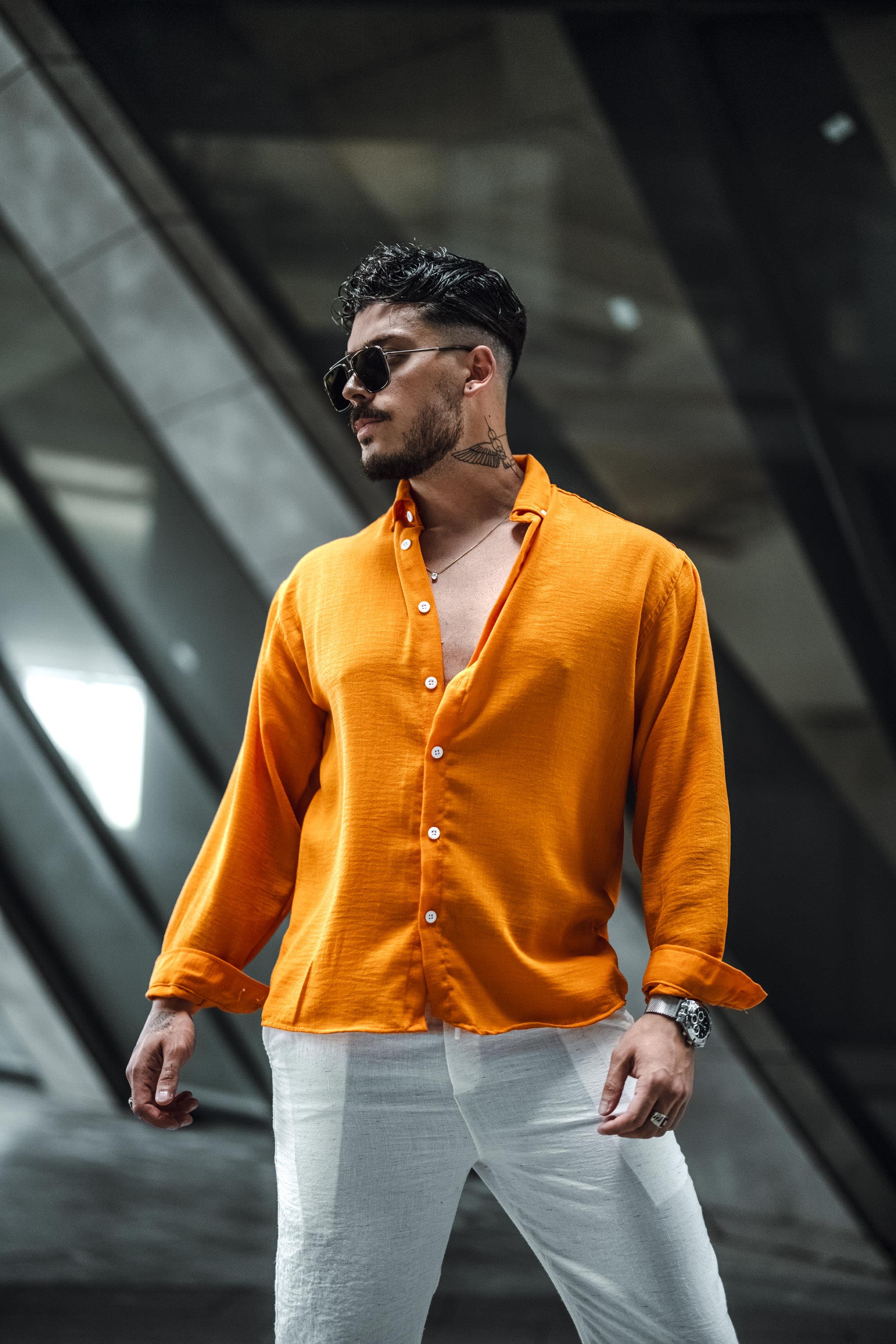Keten Yaka Düğmeli Oversize Gömlek Turuncu