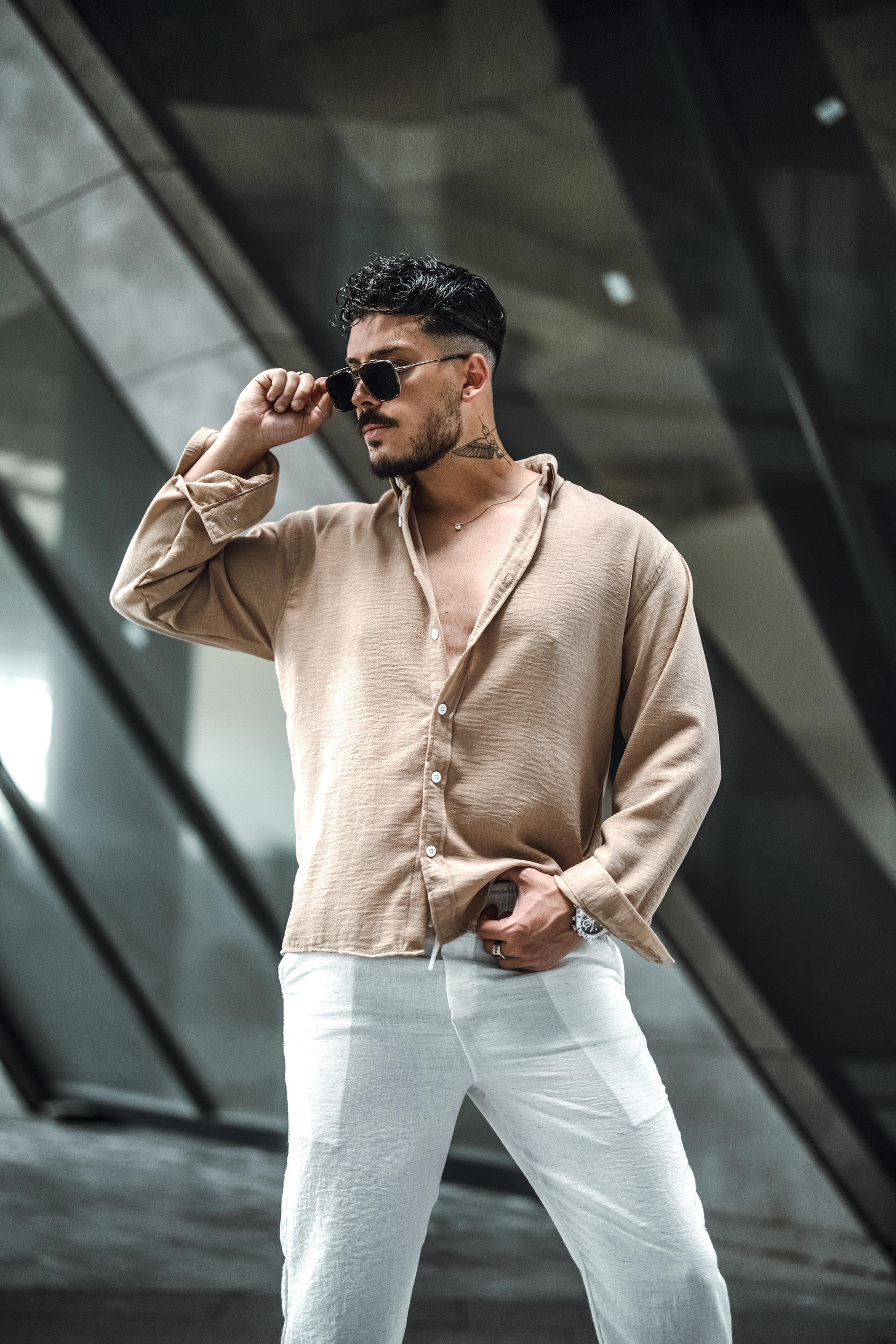 Keten Yaka Düğmeli Oversize Gömlek Vizon