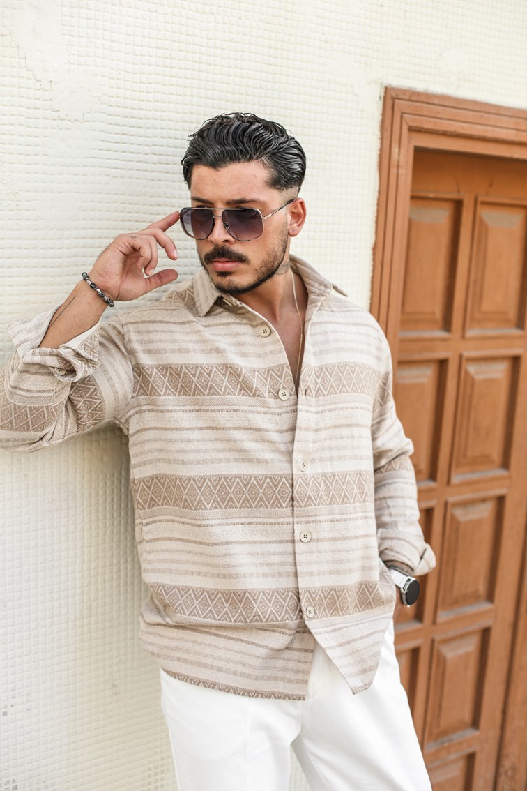 Kilim Desen Keten Oversize Gömlek