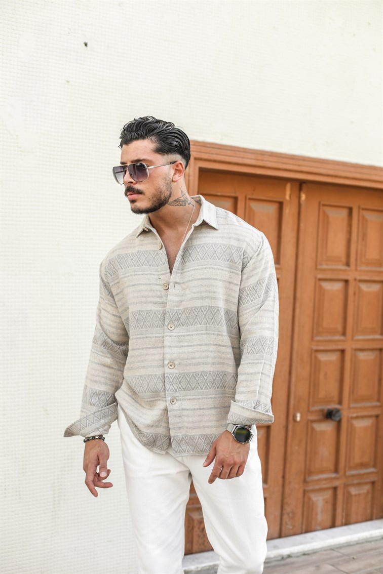 Kilim Desen Keten Oversize Gömlek