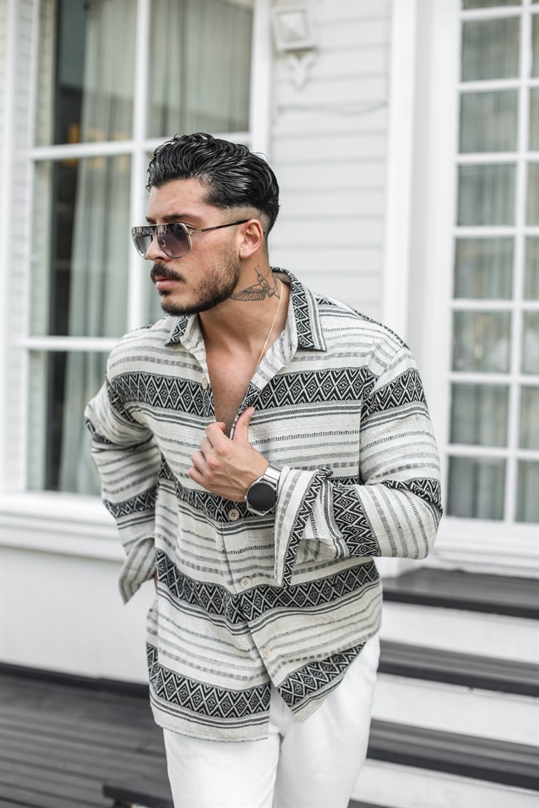 Kilim Desen Keten Oversize Gömlek
