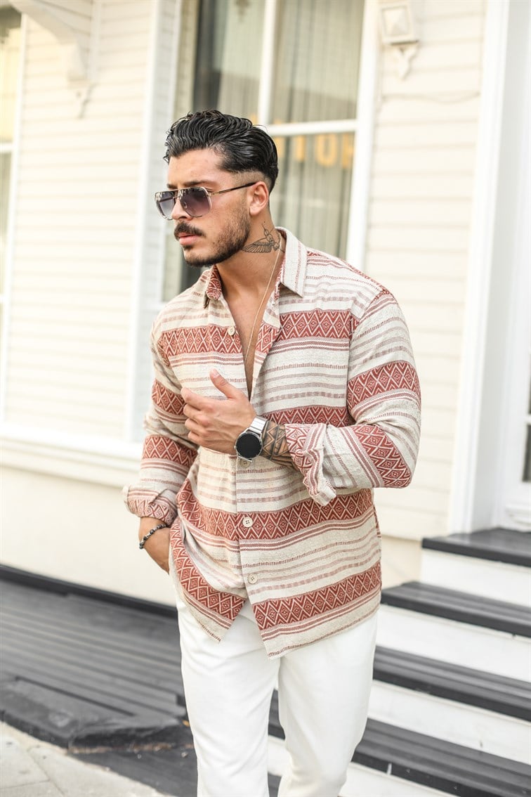 Kilim Desen Keten Oversize Gömlek