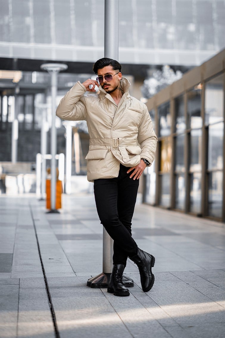Kısa Kemerli Cepli Oversize Mont