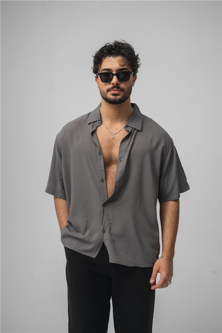 Kısa Kol Dökümlü Oversize Gömlek Antrasit