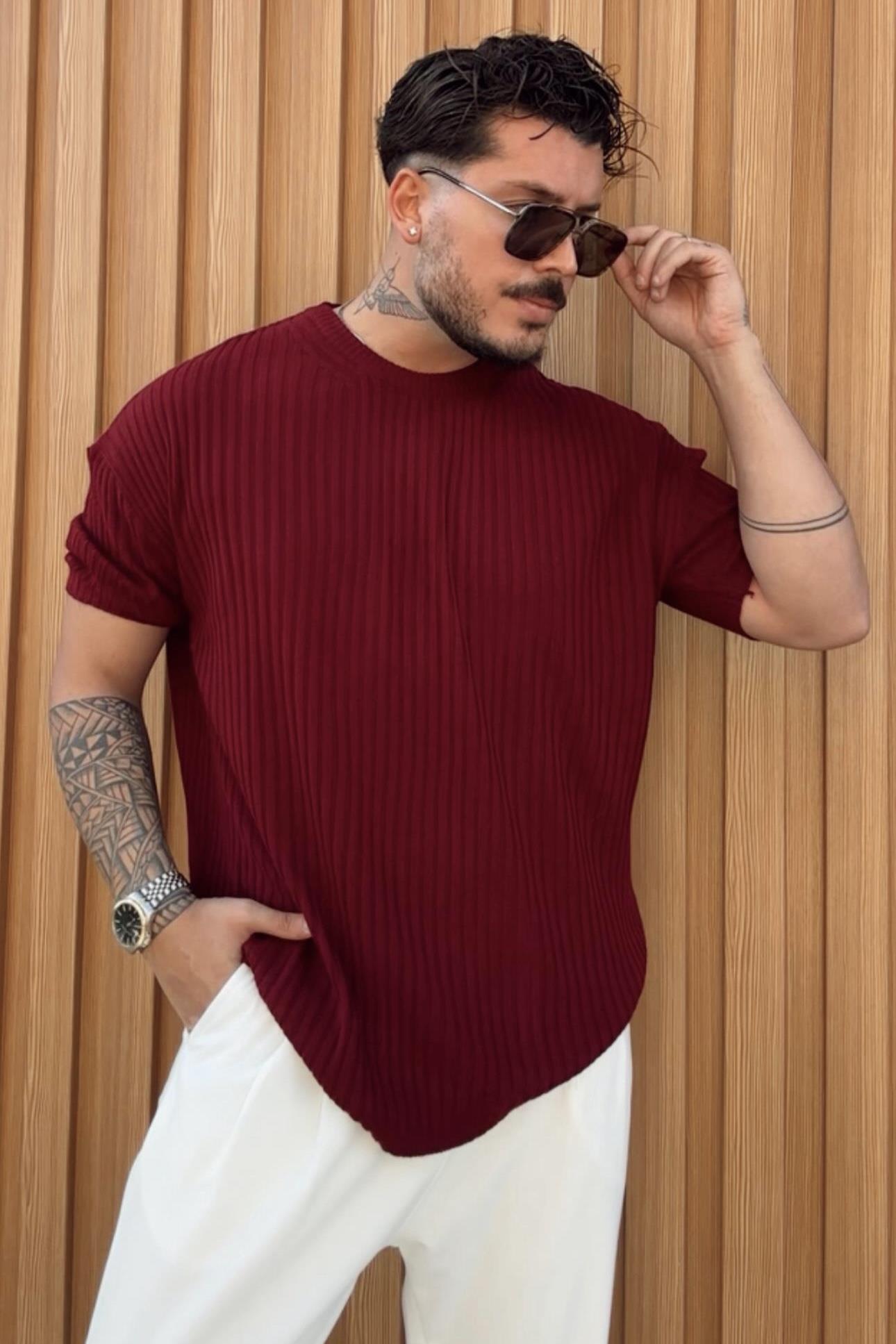 Kısa Kol Loose Fit Bol Kalıp Tshırt Bordo