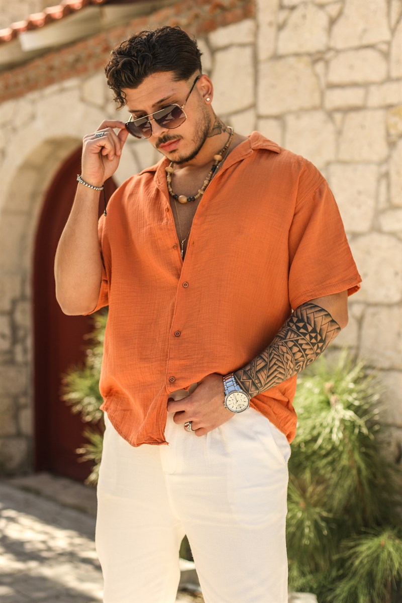 Kısa Kol Müslin Apaç Yaka Oversize Gömlek
