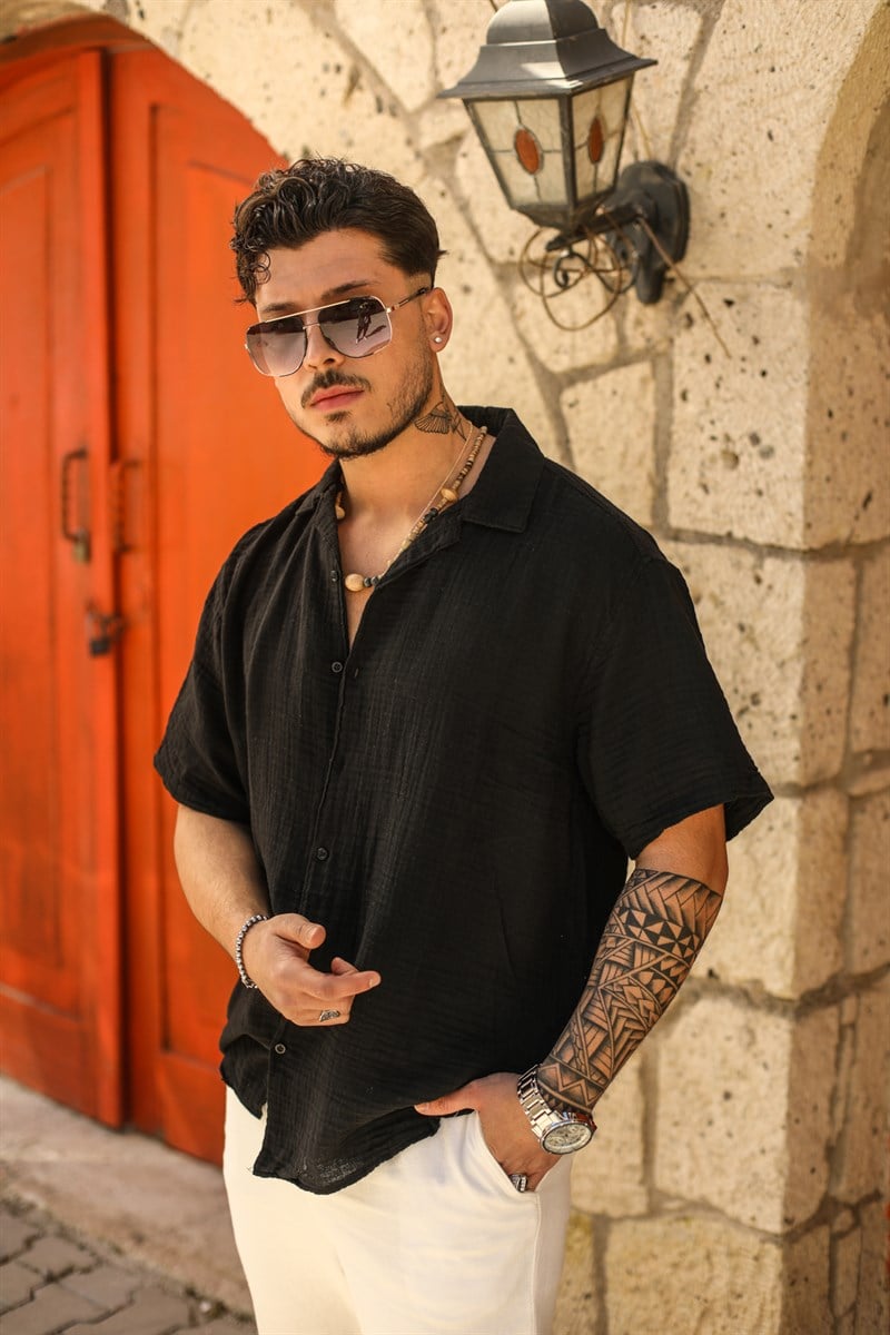 Kısa Kol Müslin Apaç Yaka Oversize Gömlek