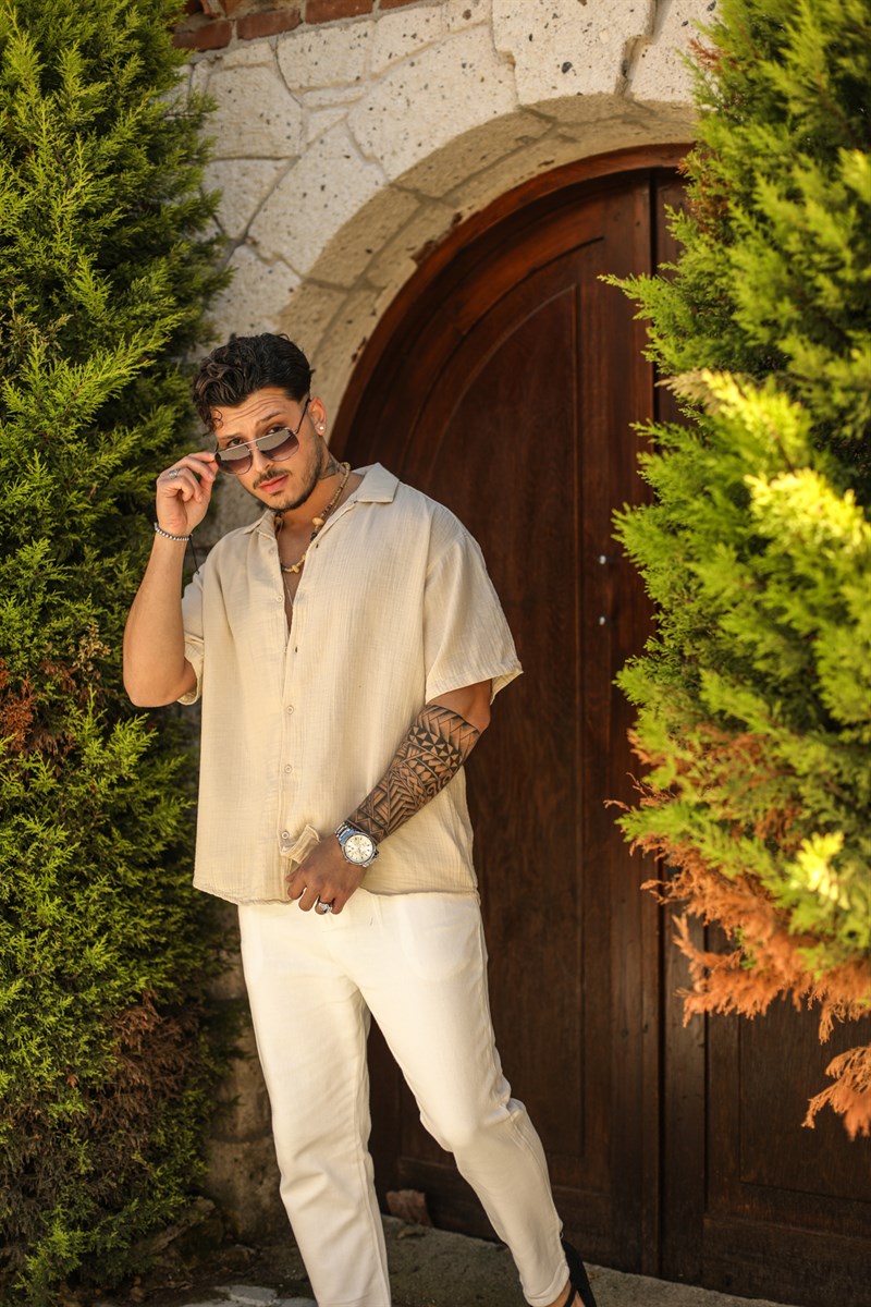 Kısa Kol Müslin Apaç Yaka Oversize Gömlek