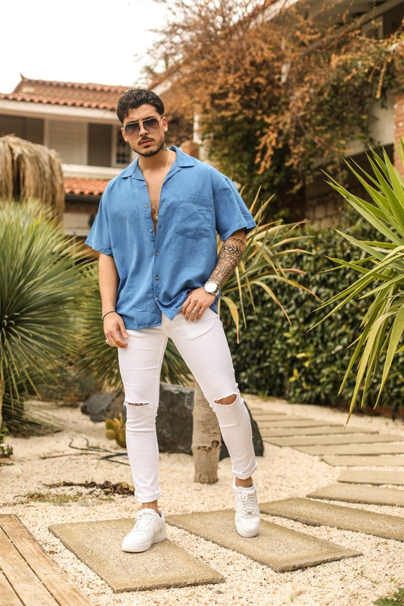 Kısa Kol Tek Cep Keten Oversize Gömlek