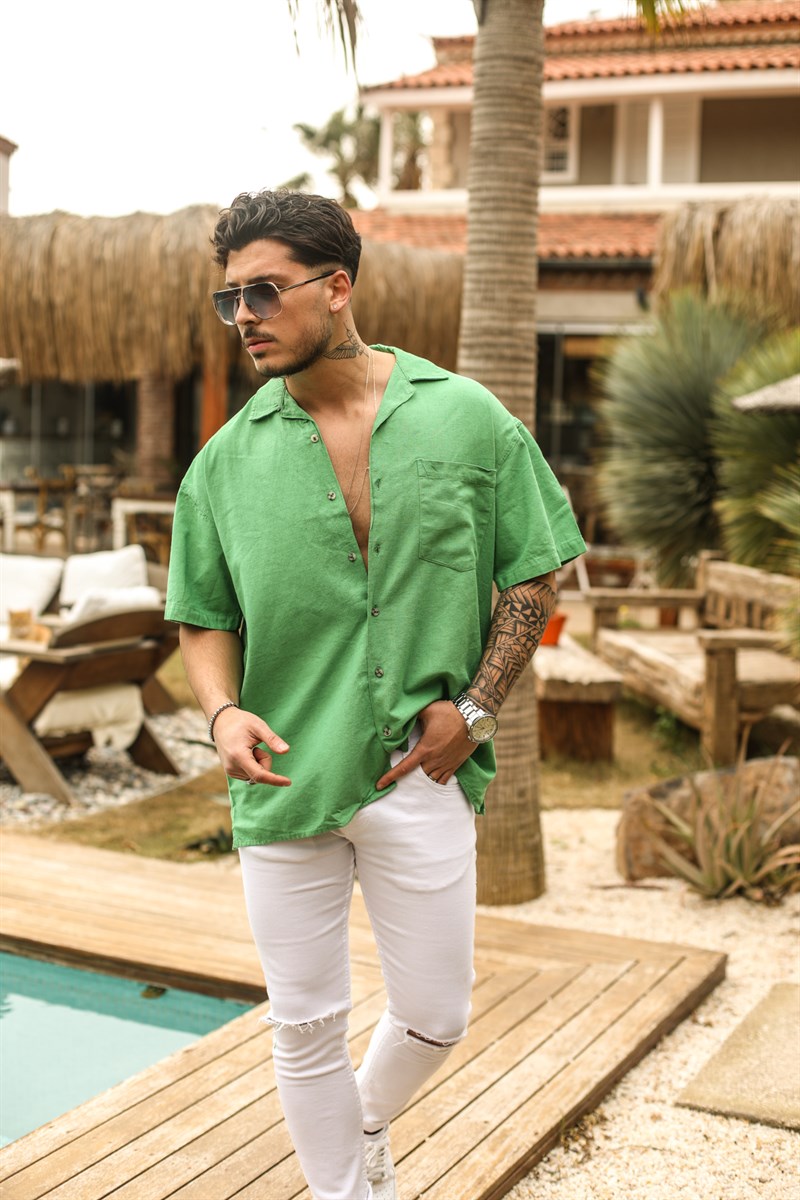 Kısa Kol Tek Cep Keten Oversize Gömlek