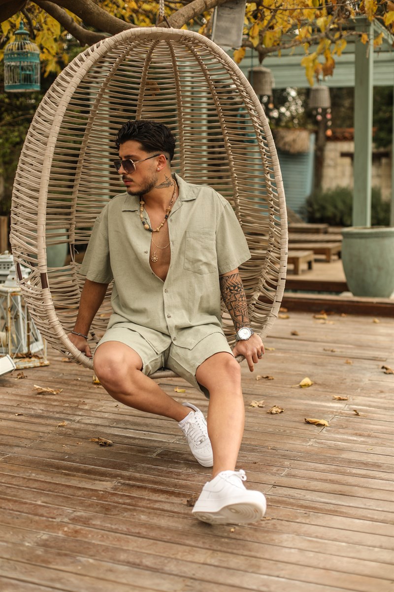 Kısa Kol Tek Cep Keten Oversize Gömlek