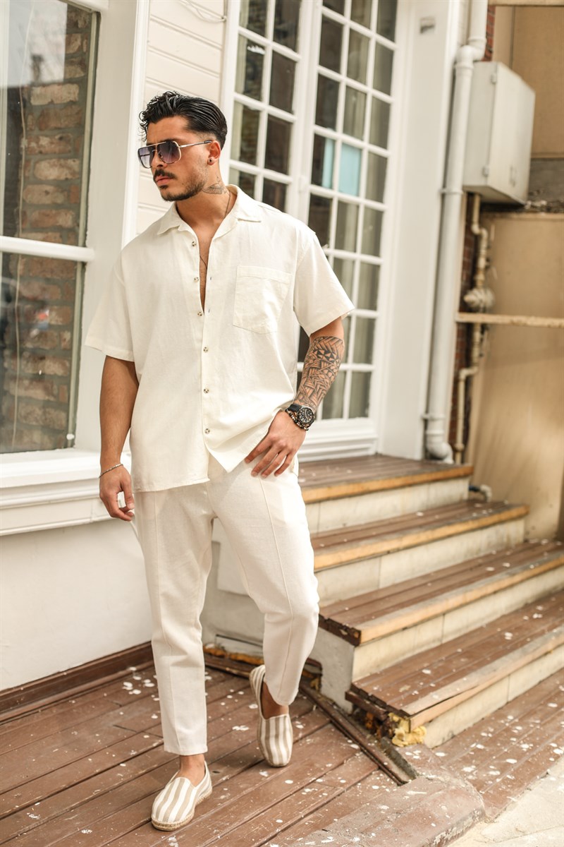 Kısa Kol Tek Cep Keten Oversize Gömlek