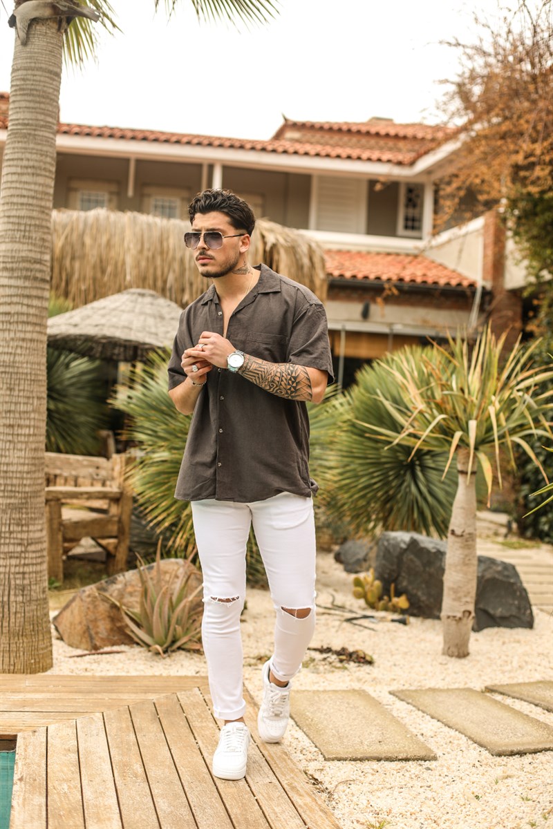 Kısa Kol Tek Cep Keten Oversize Gömlek