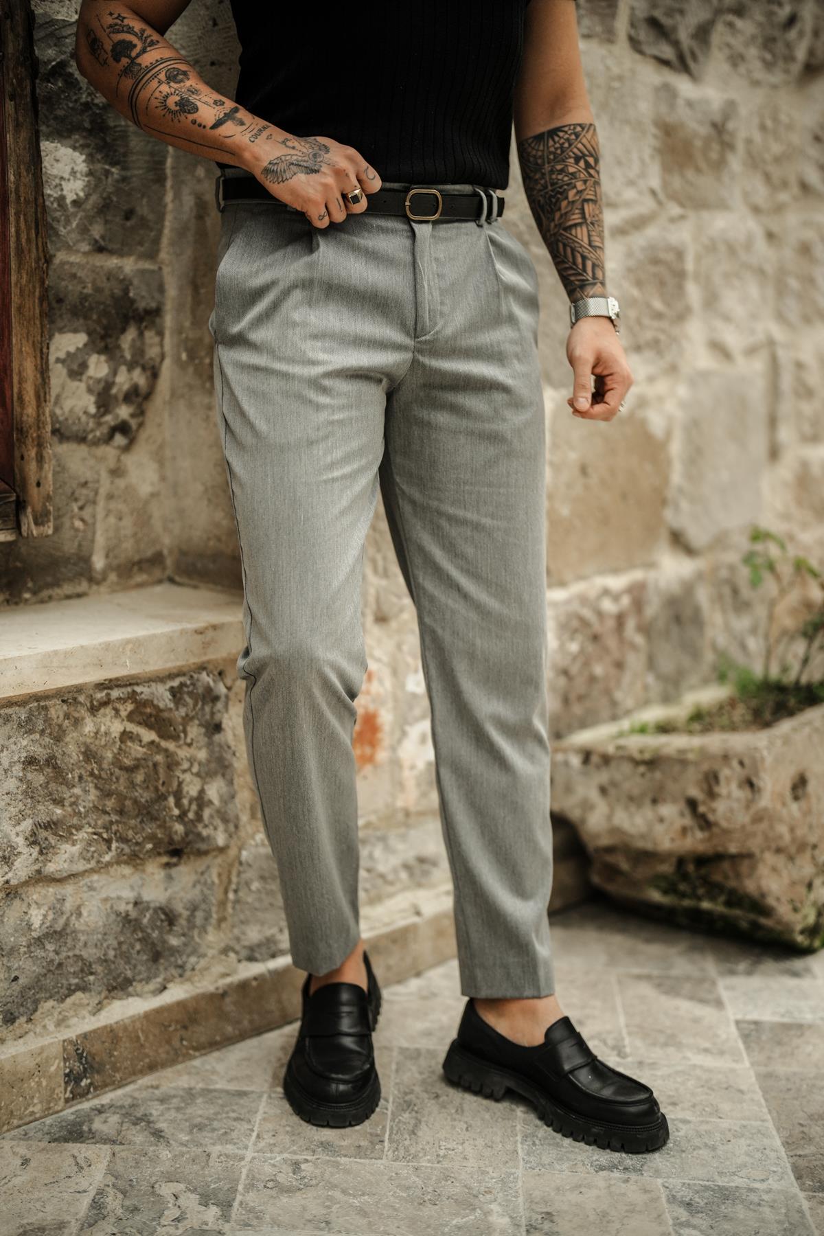 Klasik Kemerli Kalem Pantolon Gri