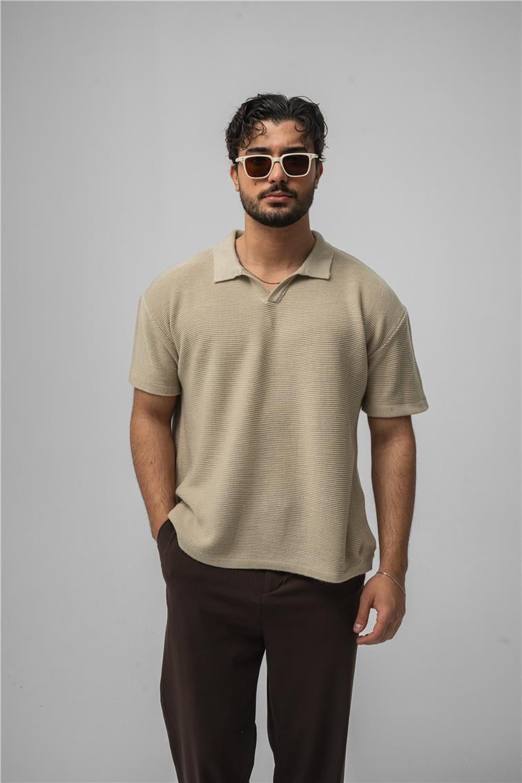 Knit Oversize Polo Yaka Bej