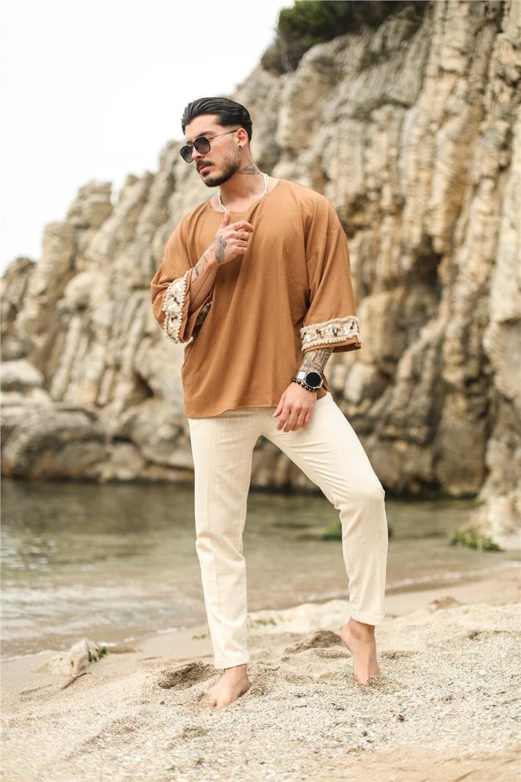 Kol Detaylı Oversize Fakir Kol T-Shirt Kahve