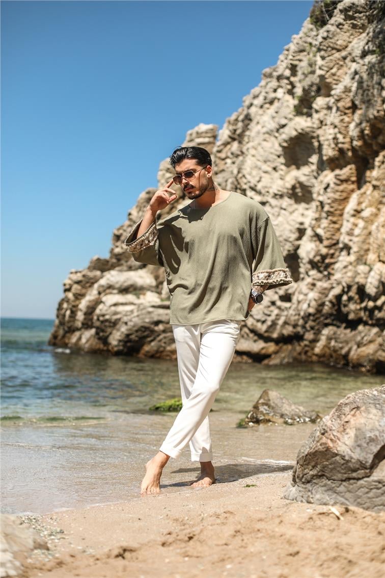 Kol Detaylı Oversize Fakir Kol T-Shirt Haki