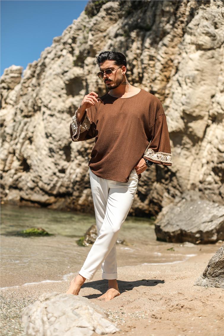 Kol Detaylı Oversize Fakir Kol T-Shirt Koyu Kahve