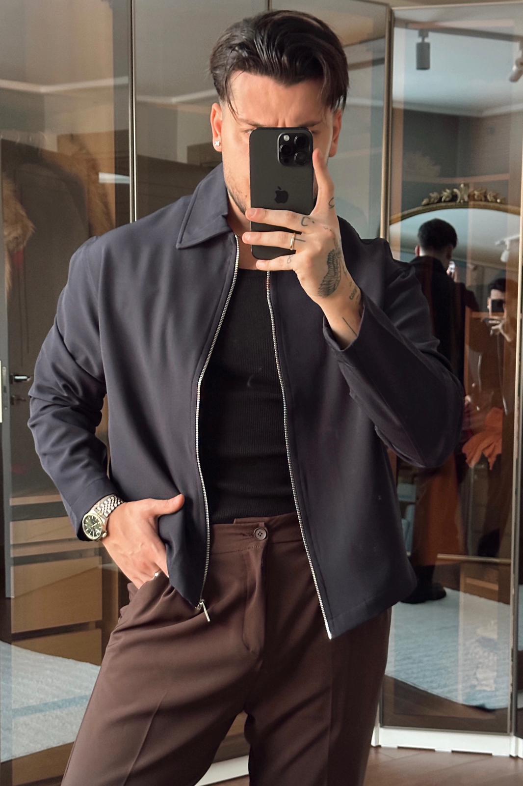 Kol Pile Detay Bol Basic Ceket Lacivert