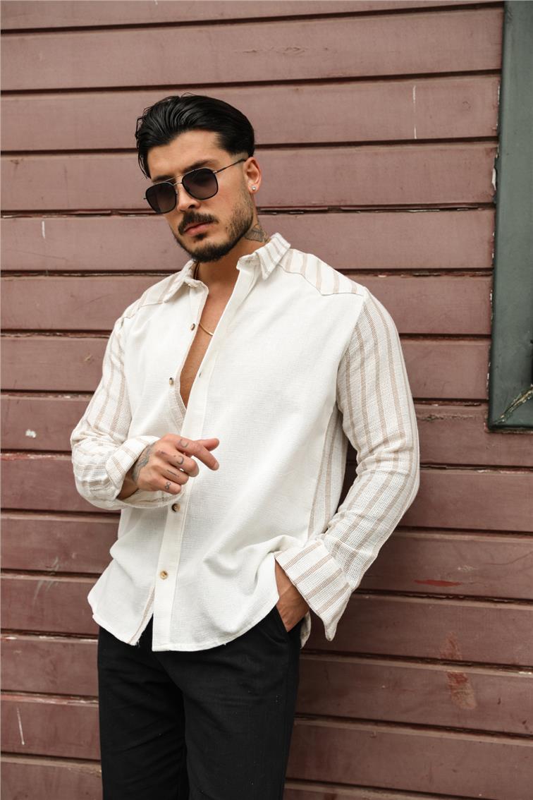 Kollar Çizgili Oversize Gömlek Bej