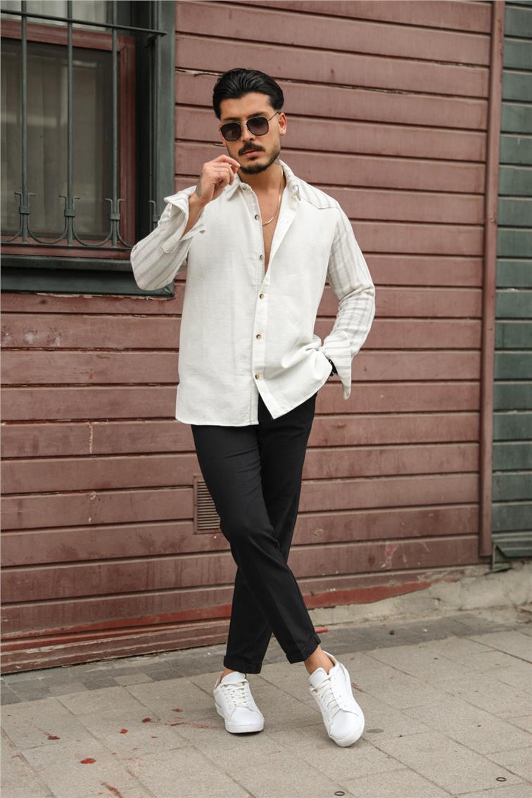 Kollar Çizgili Oversize Gömlek Gri