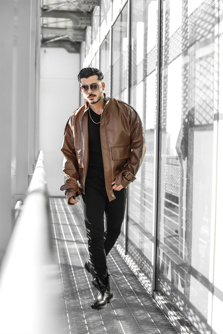 Kolu Kemerli Cep Detaylı Oversize Deri Mont