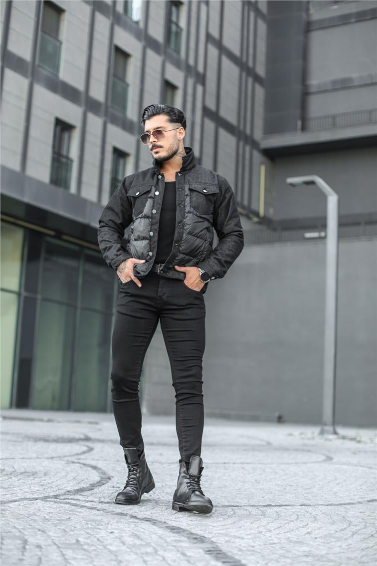 Kot Detaylı Şişme Mont/Ceket Siyah