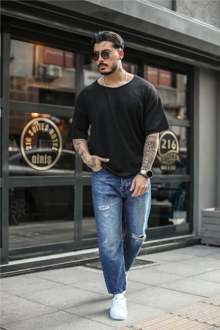 Koyu Mavi Yıkamalı Yırtık Detaylı Boyfriend Jean Koyu Mavi
