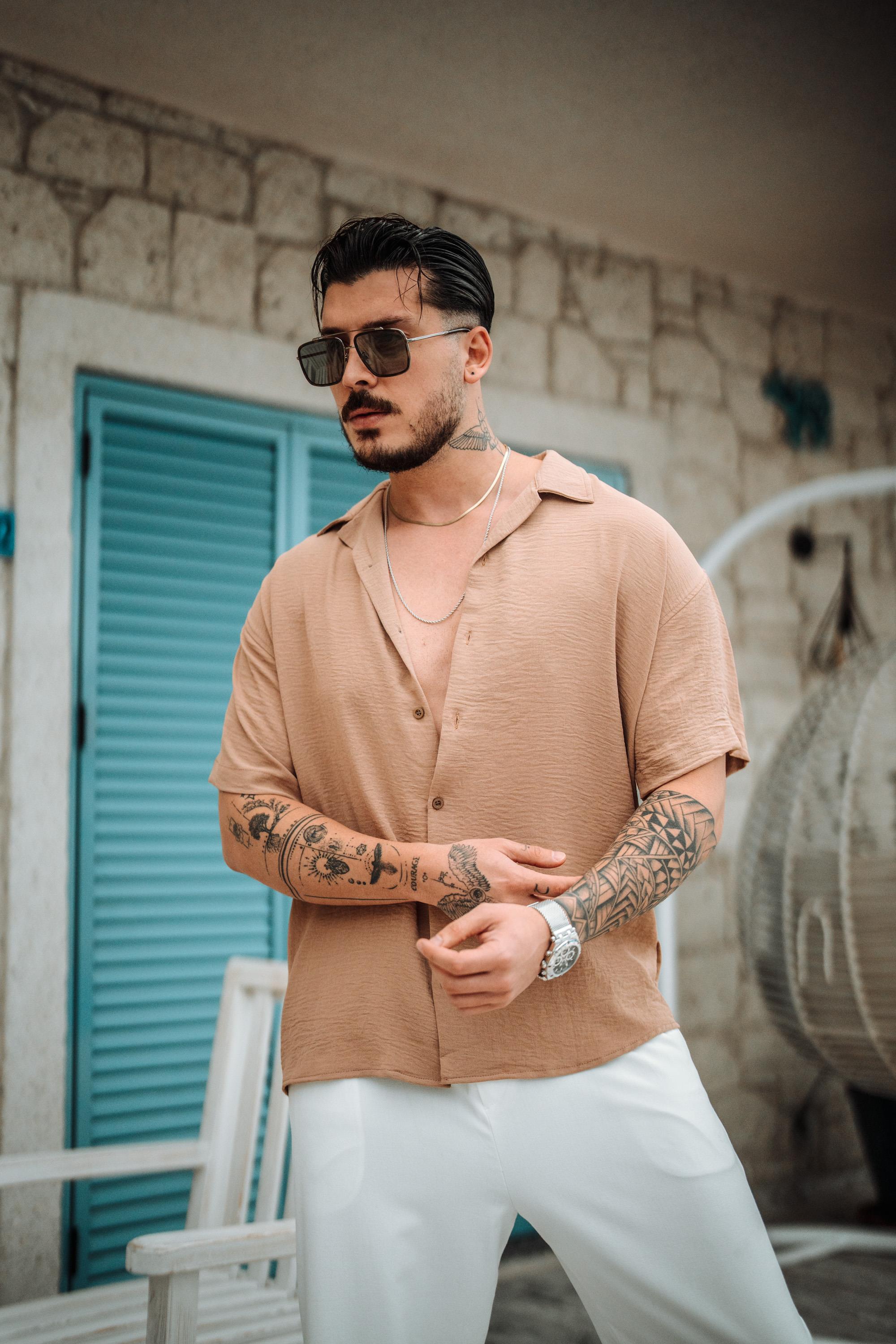 Krep Kumaş Oversize Kısa Kol Gömlek Bej