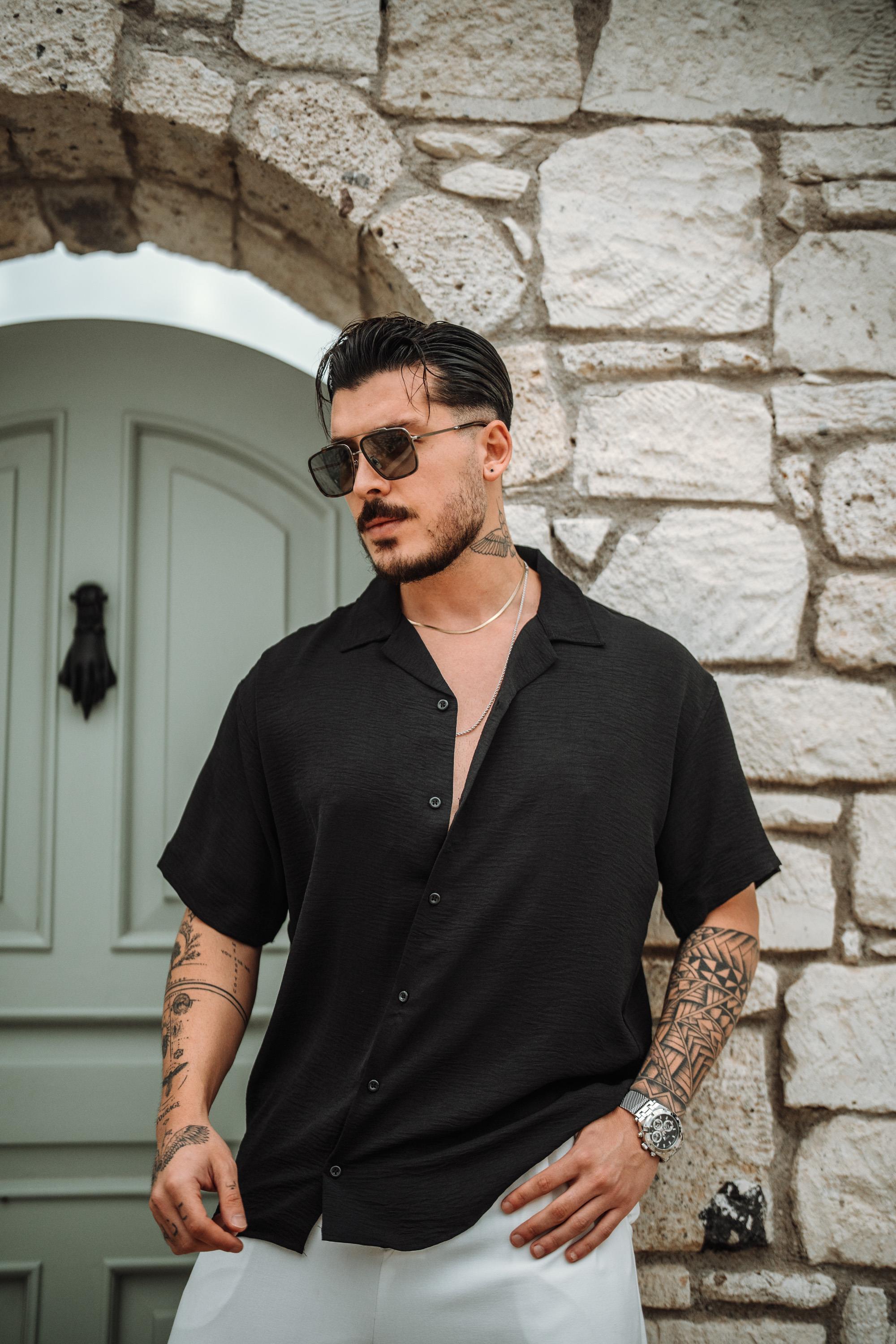Krep Kumaş Oversize Kısa Kol Gömlek Siyah