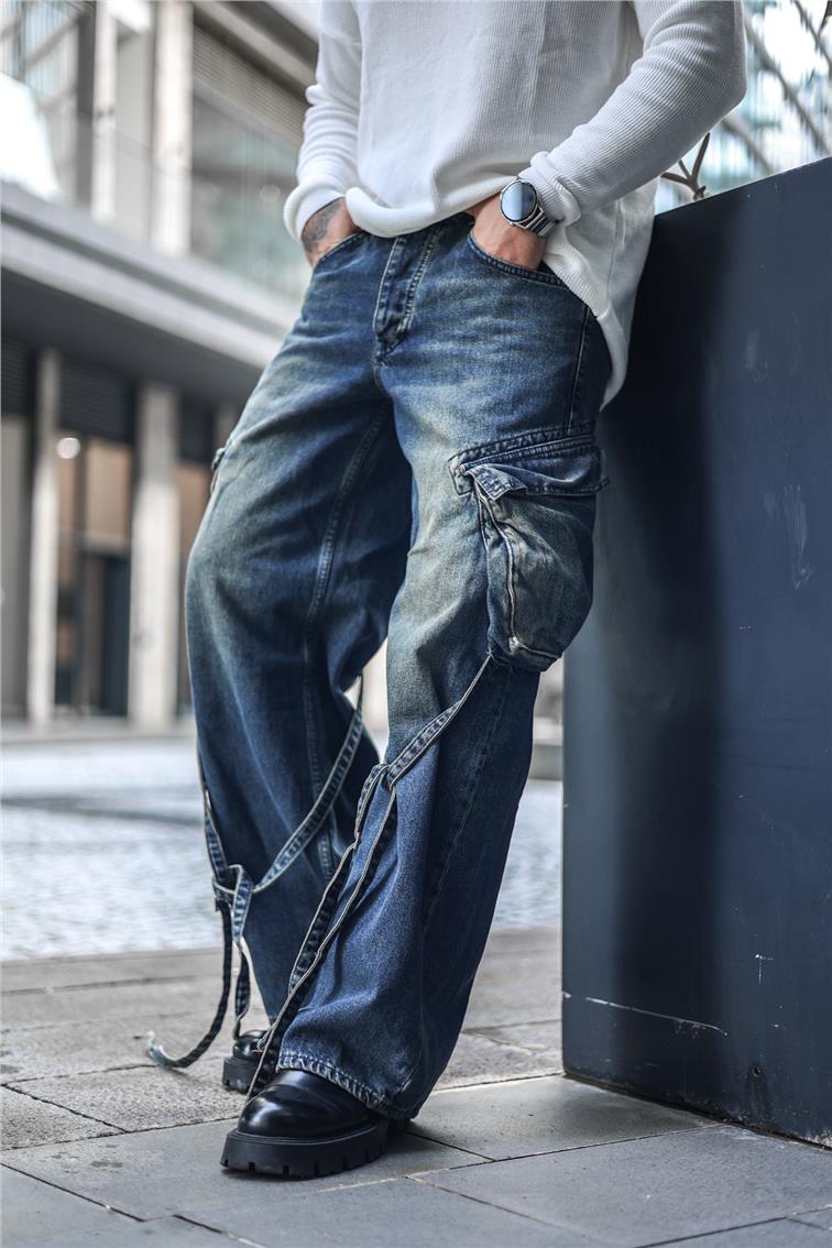 Kuşaklı Kargo Cepli Baggy Jean Yıkamalı Mavi