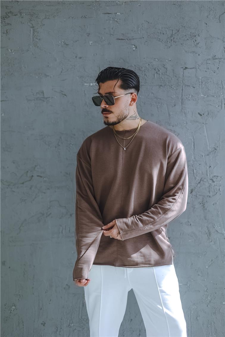 Lazer Kesim Çizgi Detay Oversize Sweatshirt Kahve