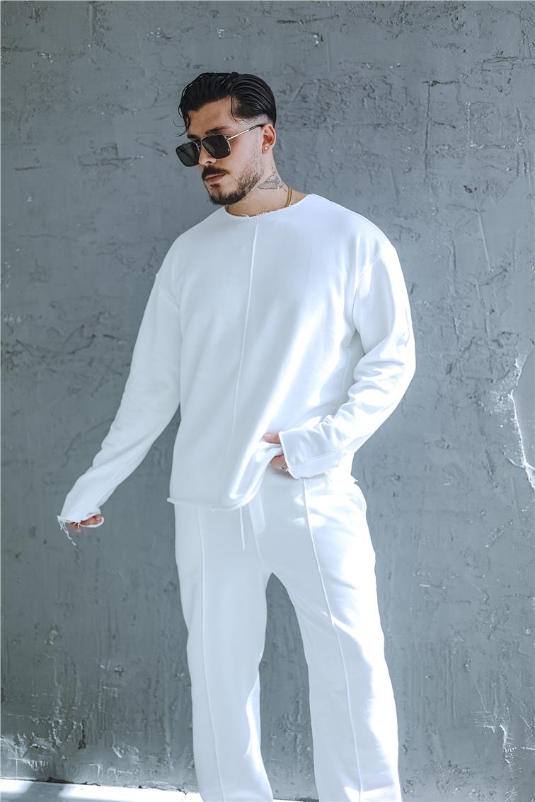 Lazer Kesim Çizgi Detay Oversize Sweatshirt Beyaz