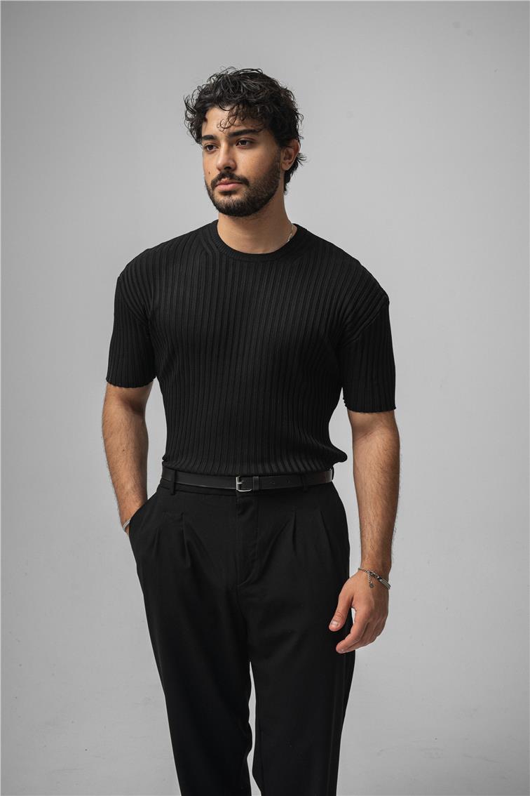 Likralı Loose Fit Ribbed T-Shirt Siyah