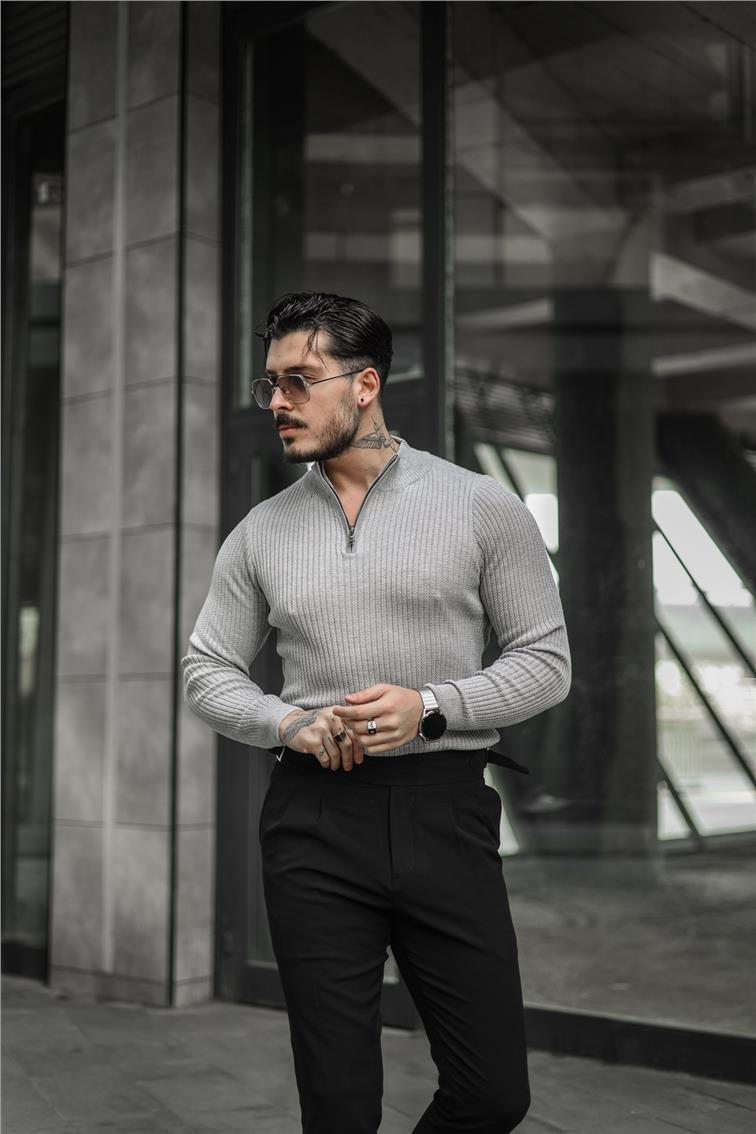 Likralı Örme Yarım Fermuarlı Slim Fit Kazak Gri