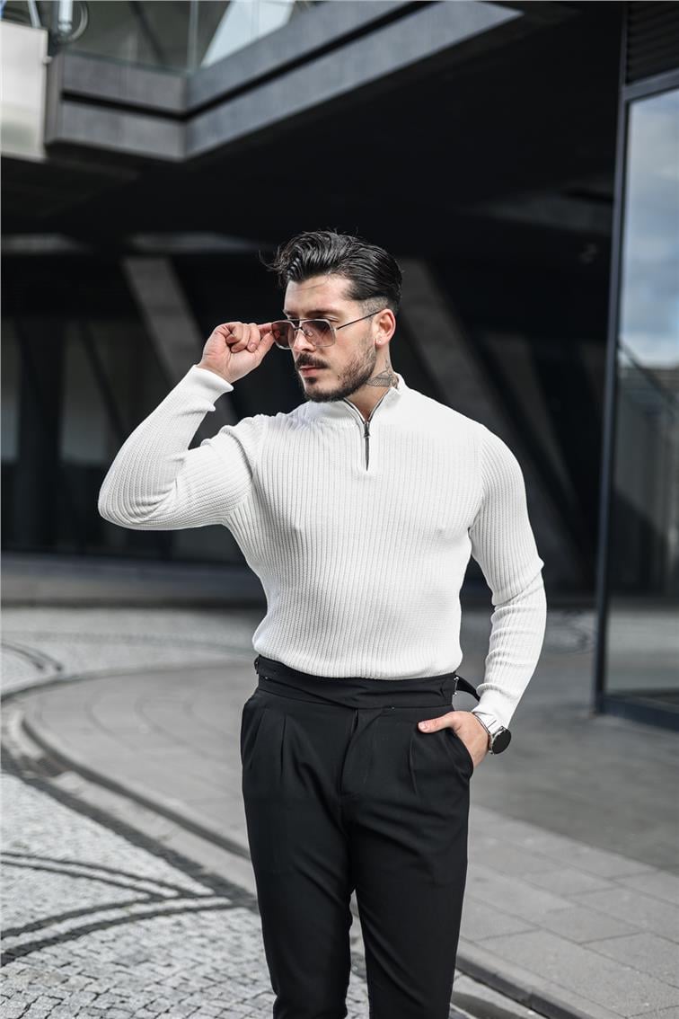 Likralı Örme Yarım Fermuarlı Slim Fit Kazak Beyaz