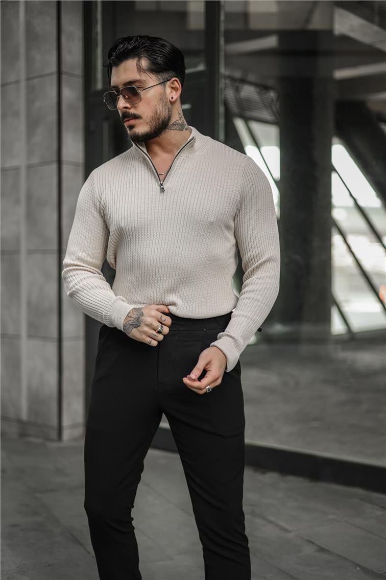 Likralı Örme Yarım Fermuarlı Slim Fit Kazak Krem