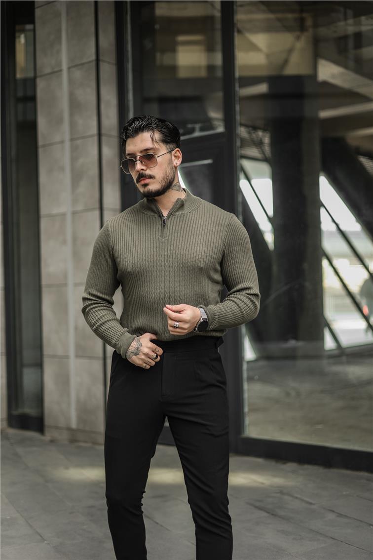Likralı Örme Yarım Fermuarlı Slim Fit Kazak Haki