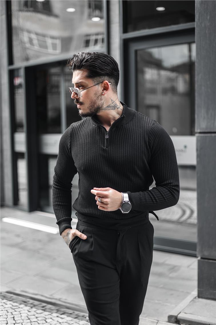 Likralı Örme Yarım Fermuarlı Slim Fit Kazak Siyah