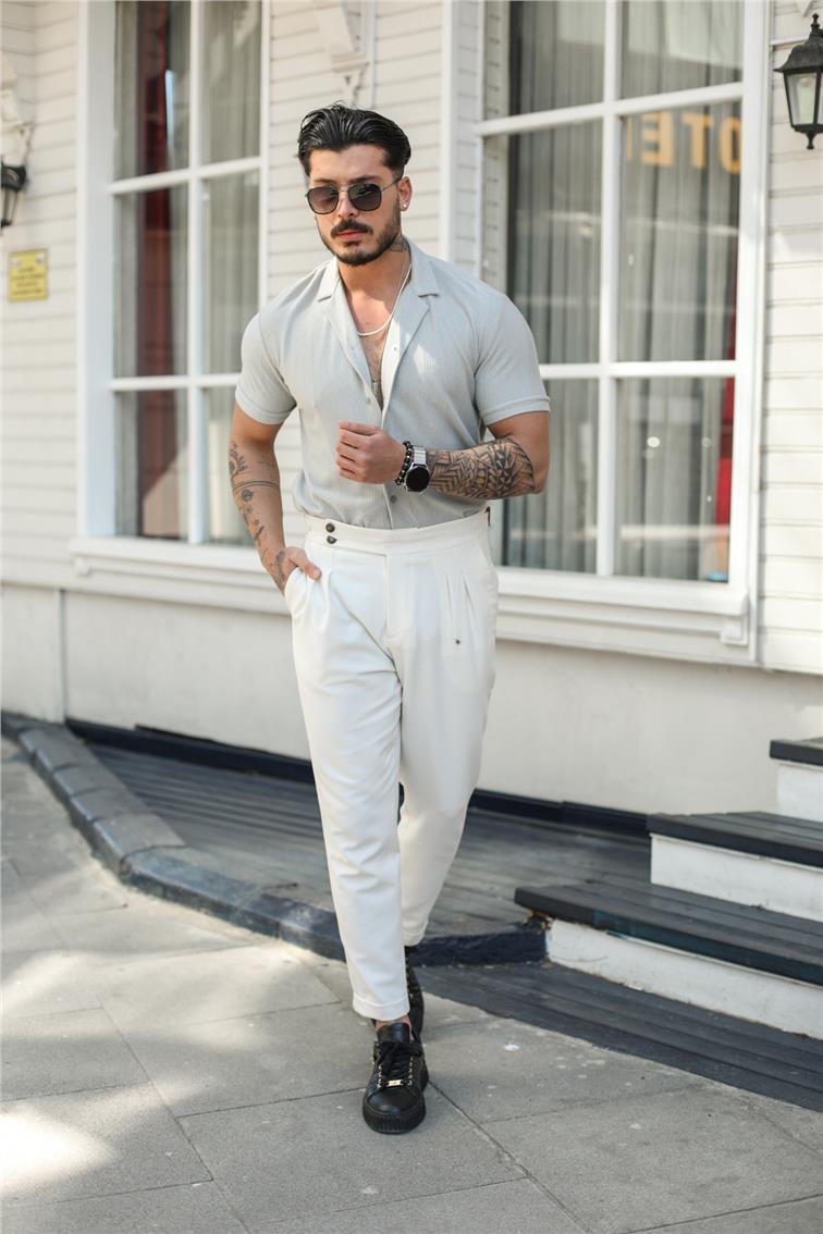 Likralı Slim Fit Dik Şeritli Kısa Kol Gömlek Gri