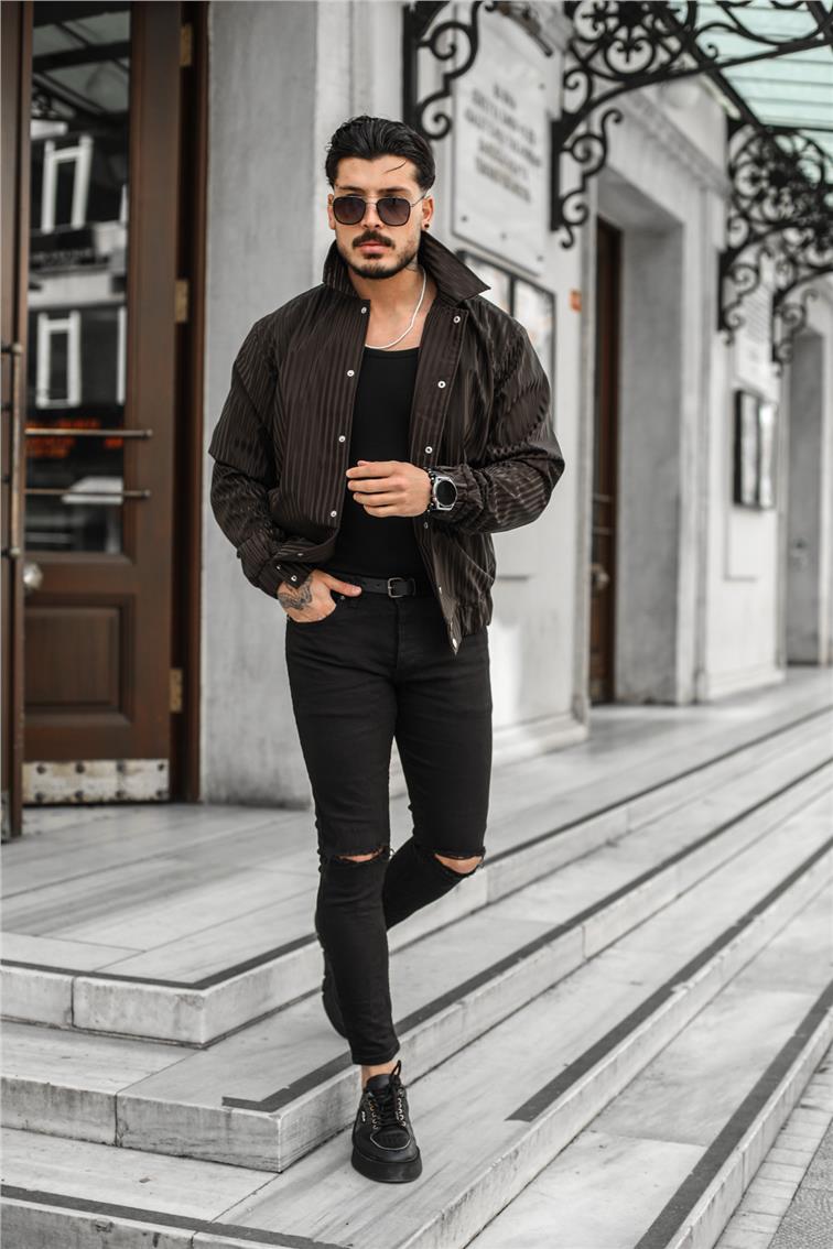 Line Detaylı Deri Oversize Ceket Acı Kahve