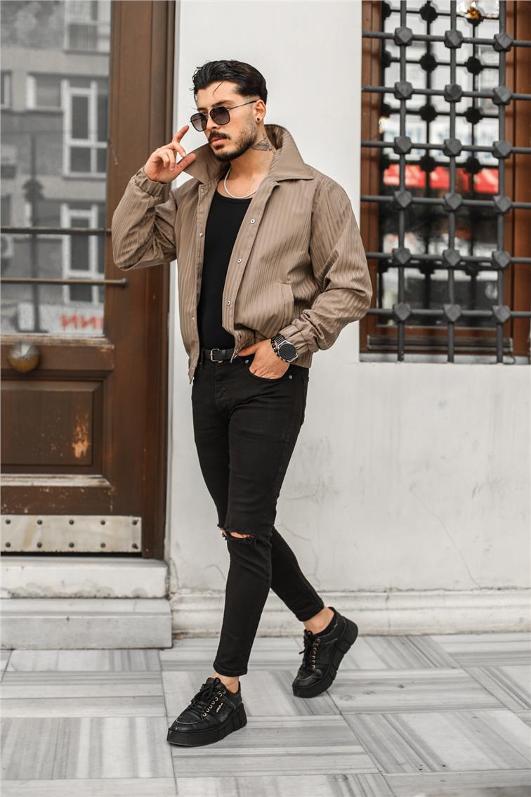 Line Detaylı Deri Oversize Ceket Kahve
