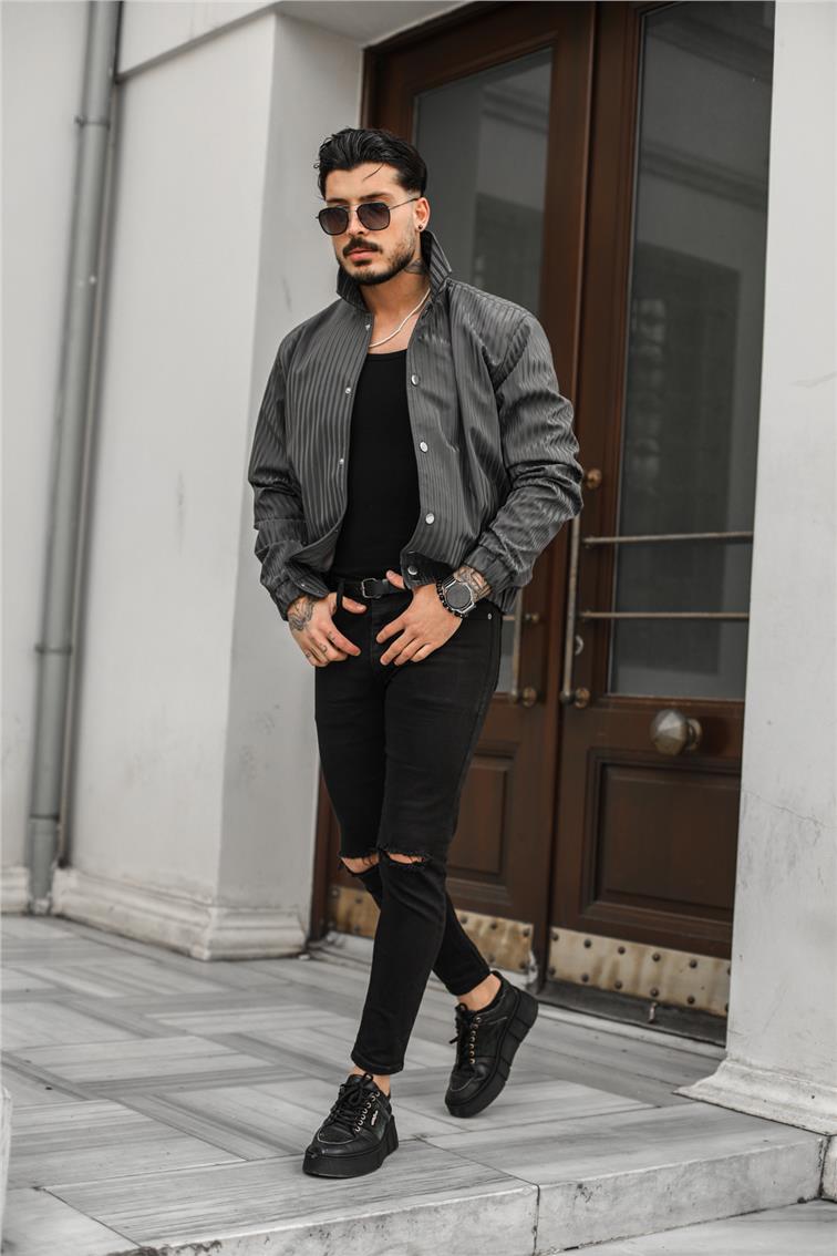 Line Detaylı Deri Oversize Ceket Kurşun