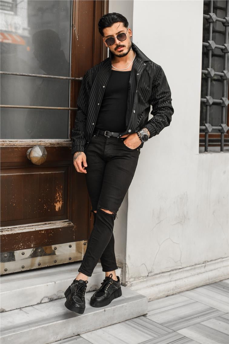 Line Detaylı Deri Oversize Ceket Siyah