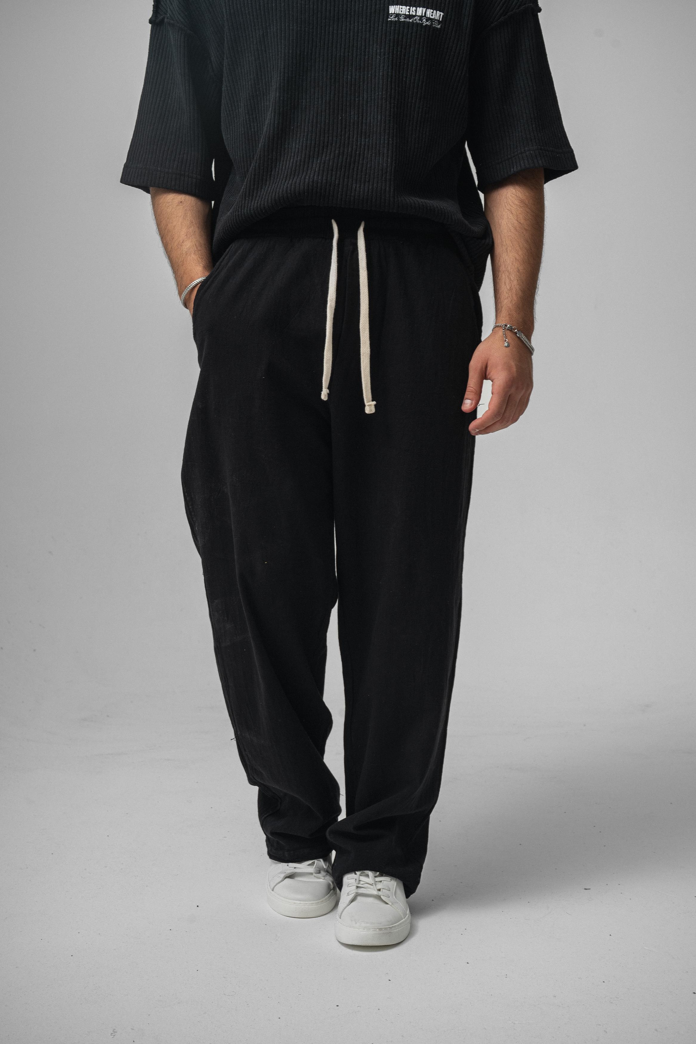 Linen Bel Bağlamalı Baggy Siyah
