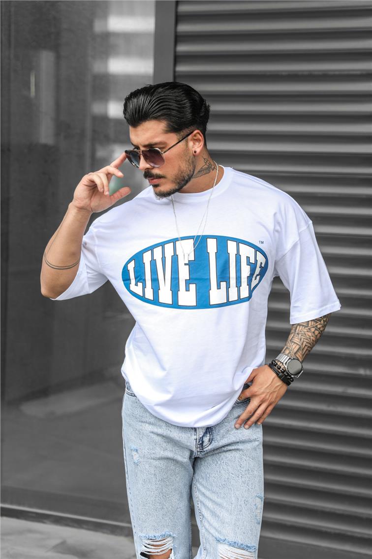 LIVE LİFE Baskılı Oversize T-Shirt Beyaz
