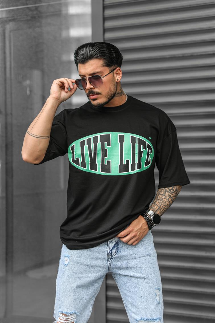 LIVE LİFE Baskılı Oversize T-Shirt Siyah