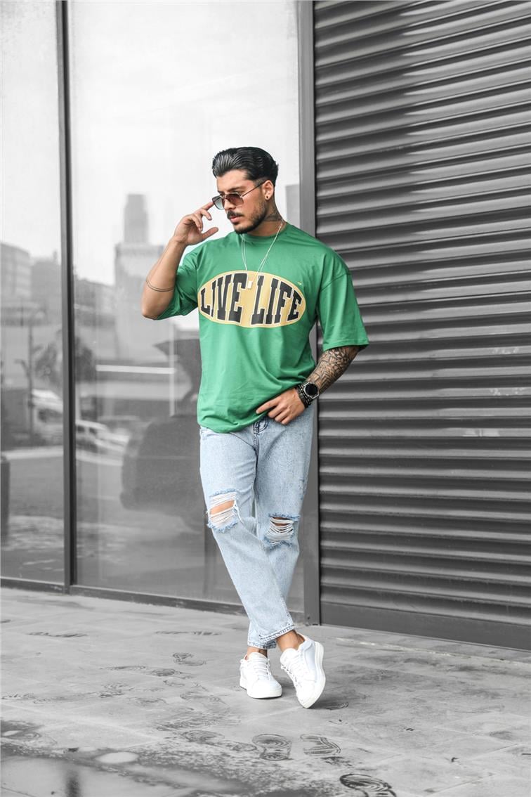 LIVE LİFE Baskılı Oversize T-Shirt Yeşil