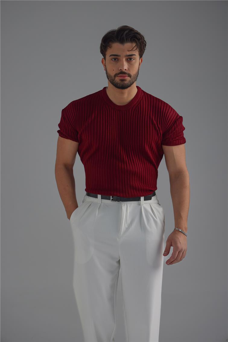 Loose Fit Ribbed T-Shirt Bordo